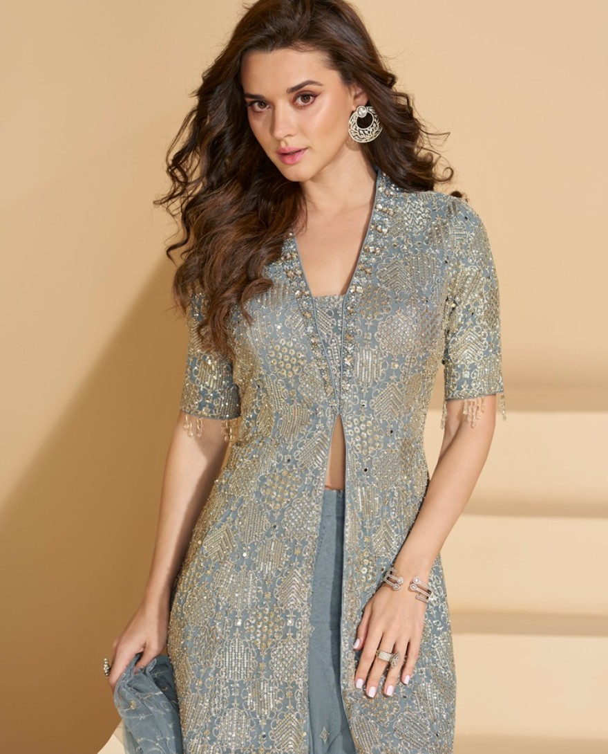 10014 - DUSTY BLUE HEAVY EMBROIDERED PALAZZO SUIT IN REAL GEORGETTE